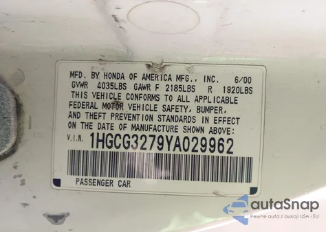 2000 Honda Accord 2.3 Ex из США, поврежденный, VIN 1HGCG3279YA029962